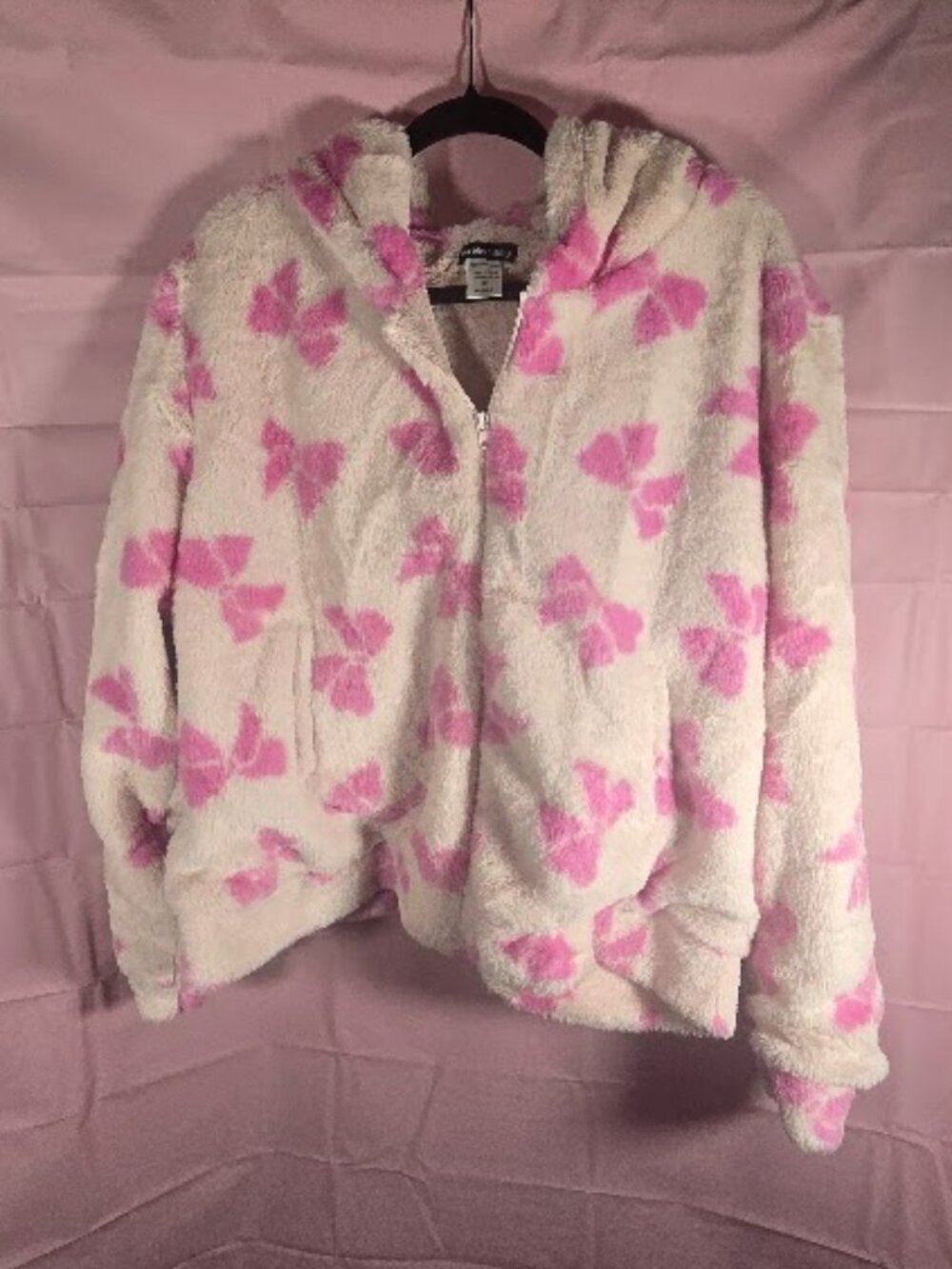 Weekending Fuzzy Pink Bow Fleece Zip Up Hoodie Jacket Cozy Sherpa